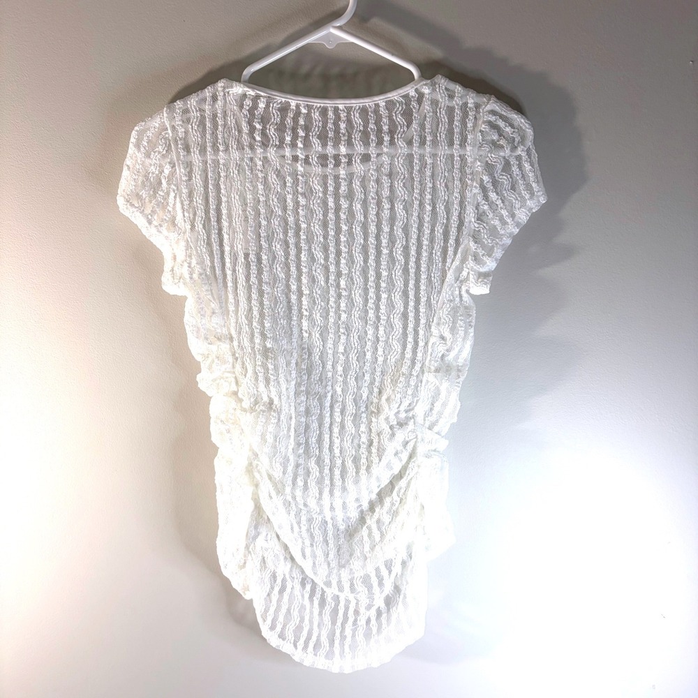 Popvil White Lace Ruched Swim Cover Up Top Short Sleeve Sheer Floral Small New - Picture 4 of 13